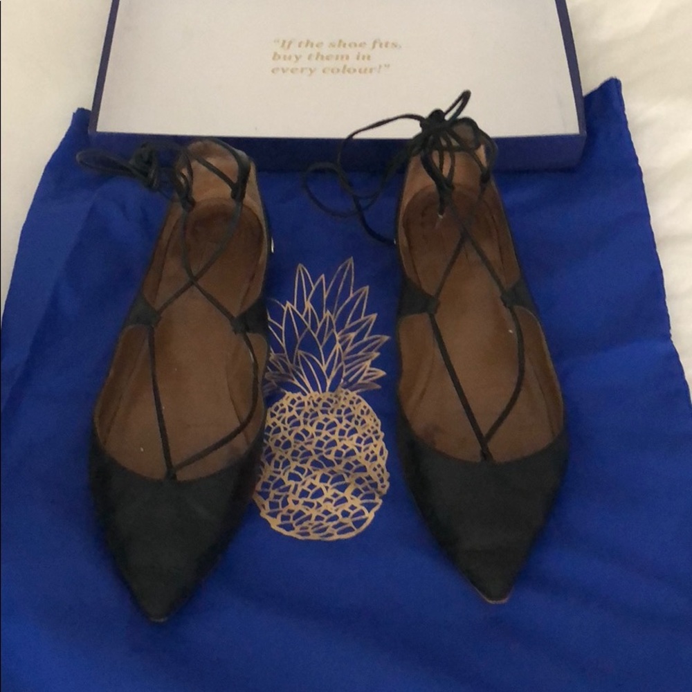 Aquazzura
Christy Lace-Up Pointed-Toe Flat, Black